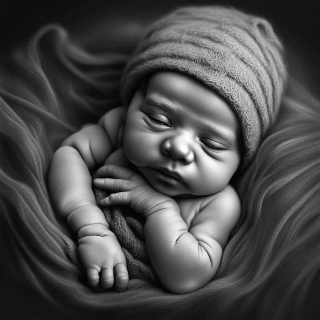 Hyperdetailed Charcoal Drawing of Newborn Baby