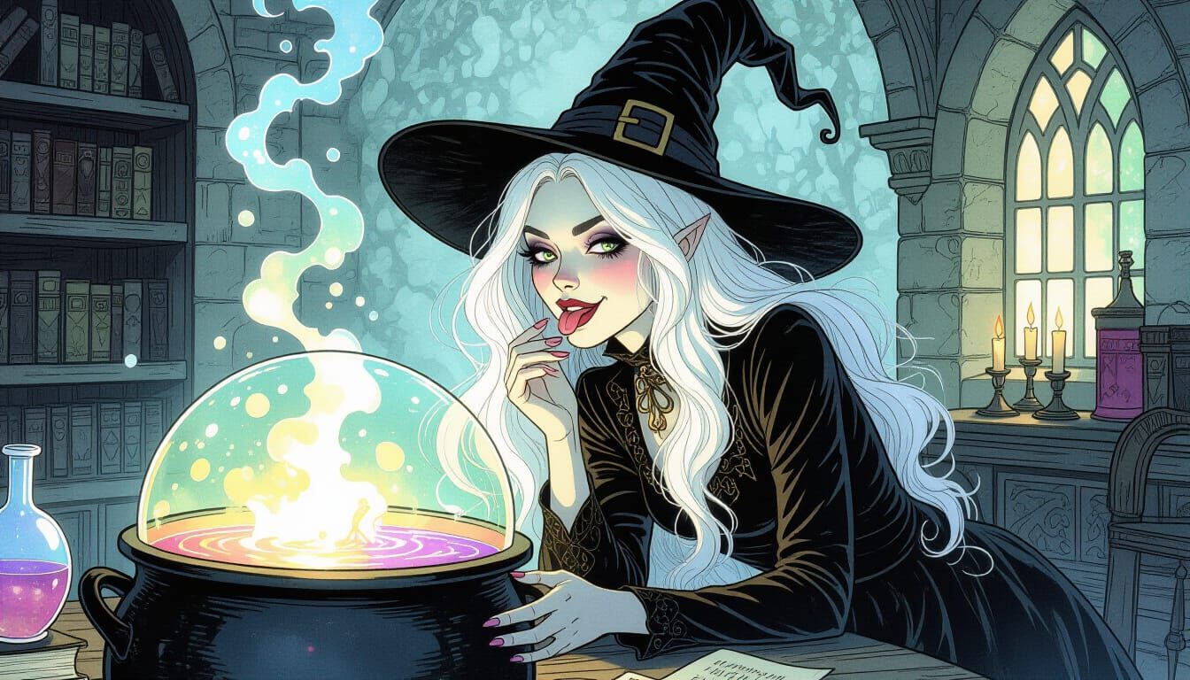 Whimsy-Goth Witch Brews Iridescent Potion