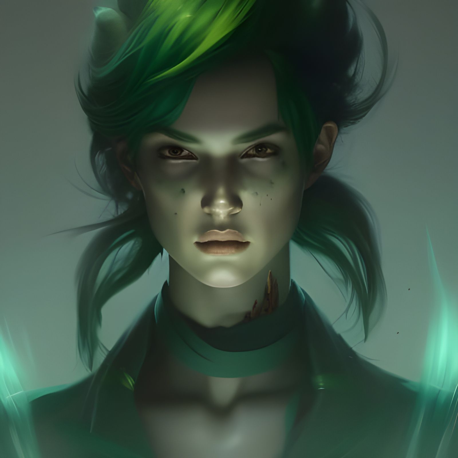 Androgynous Green-Haired Character in Dark Fantasy Style