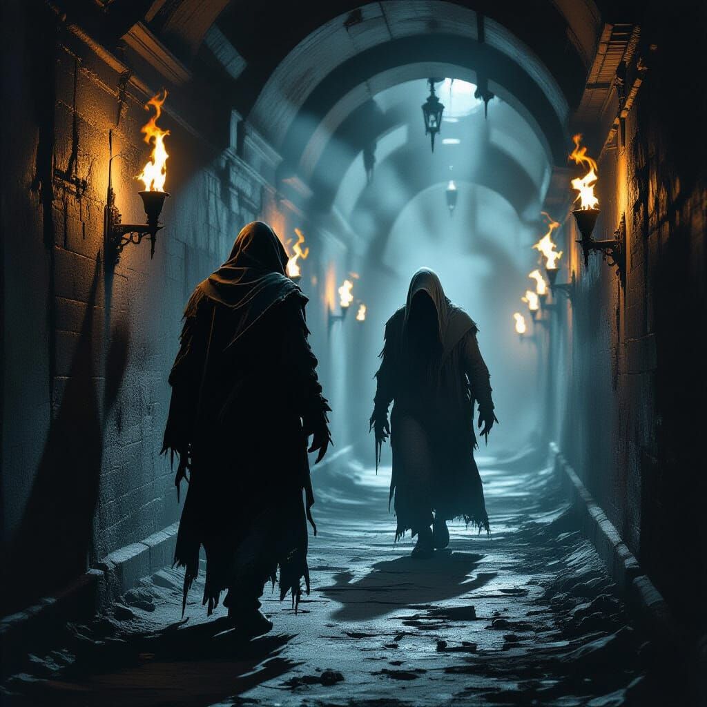 Eerie Figure in Dark Corridor, in Dark Surrealist Style