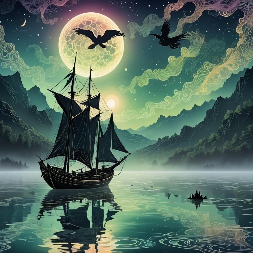 Cursed Boat on Lake with Ghost in Abstract Expressionism