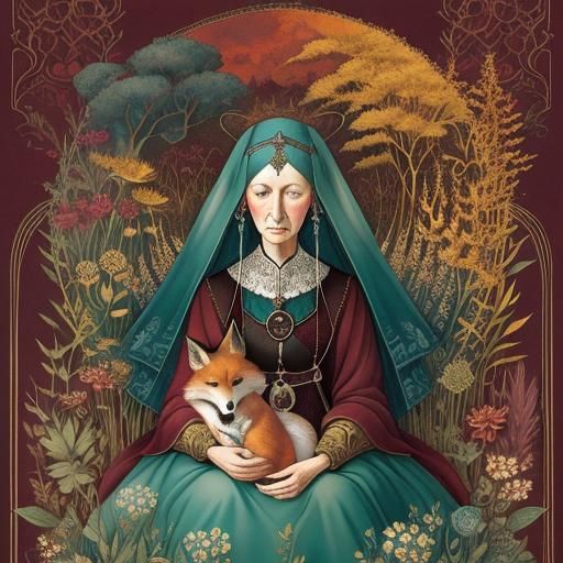 Fox and Old Woman in Summer Meadow as Collage