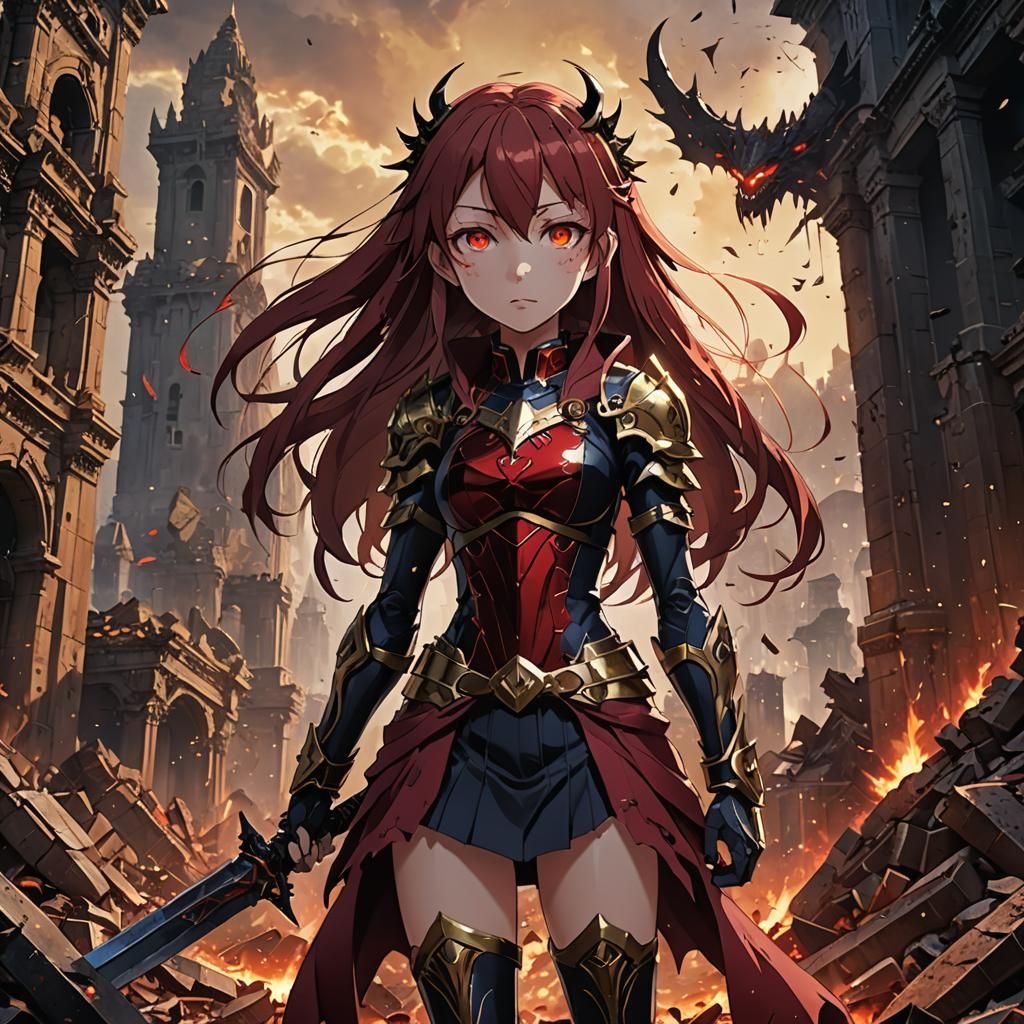 Anime Heroine Victorious Over Crimson Demon in 3D Style