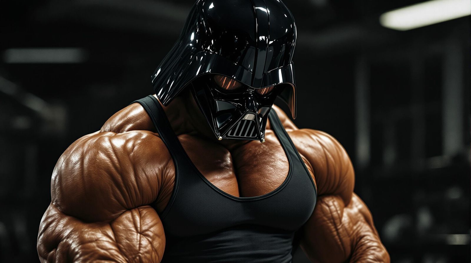 Muscular Weightlifter in Darth Vader Helmet Flexes at the Gy...