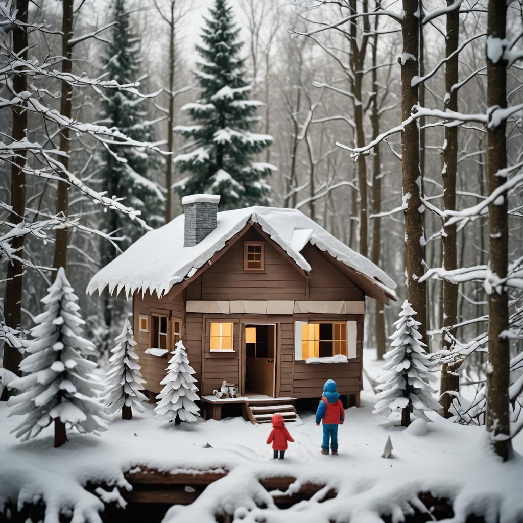 Winter Cabin Scene with Child, Origami Papercraft Style