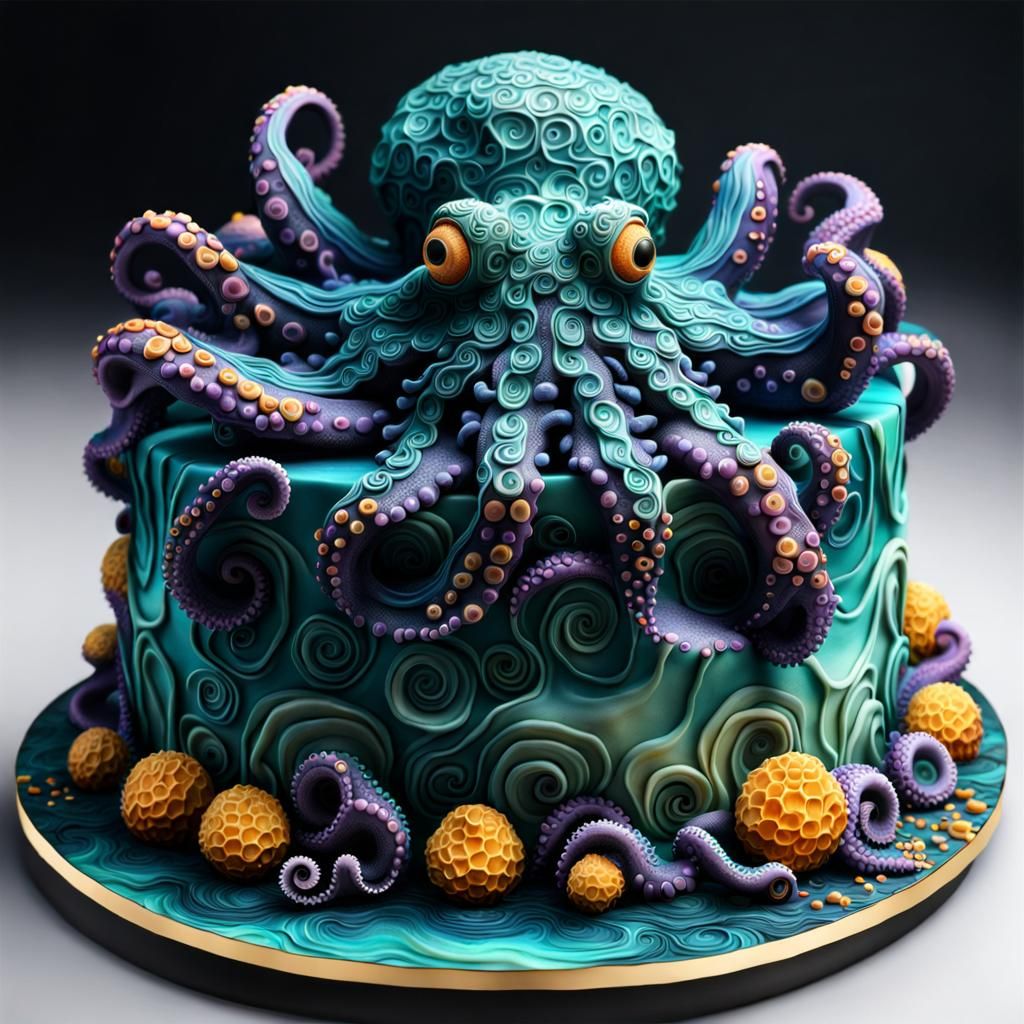 Trippy Octopus Cake with Honeycomb in Surreal Style