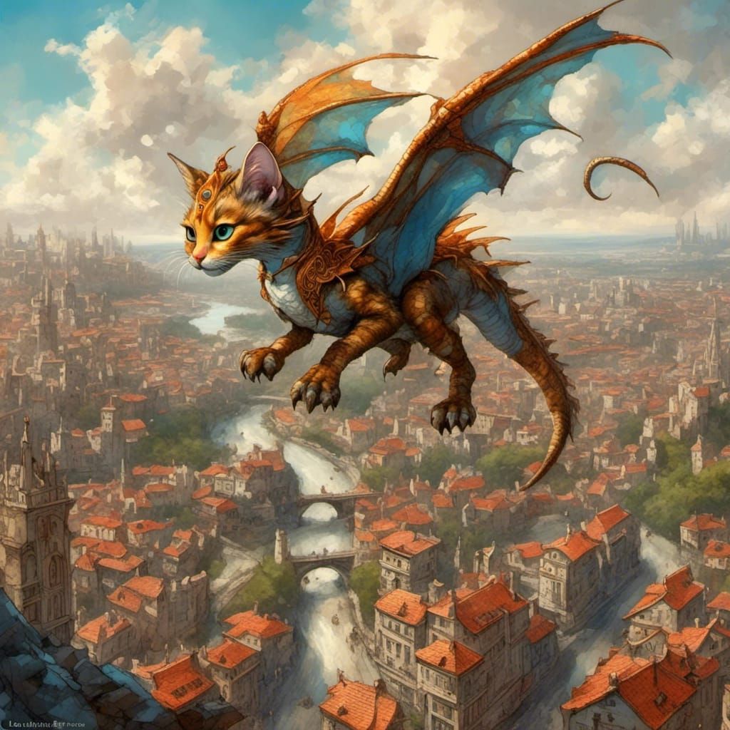 Tabby Cat Dragon Flying Over Fantasy City