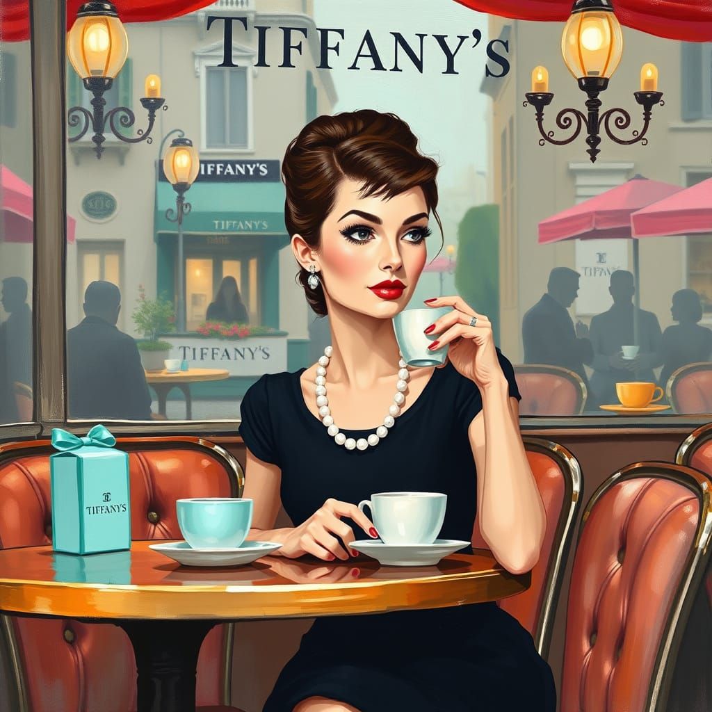 Elegant Audrey Hepburn in Luxurious Tiffany's Café Setting