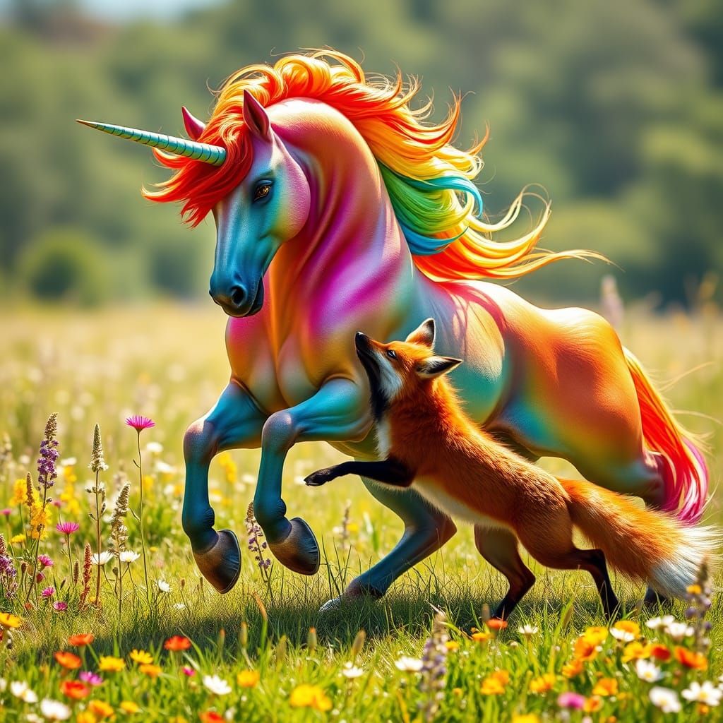 Majestic Rainbow Unicorn Interacts with Agile Red Fox in Vib...