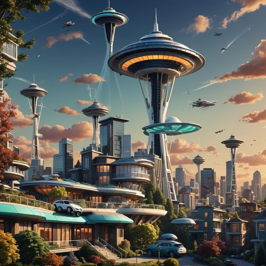 Seattle Space Needle in a Jetsons-esque Future