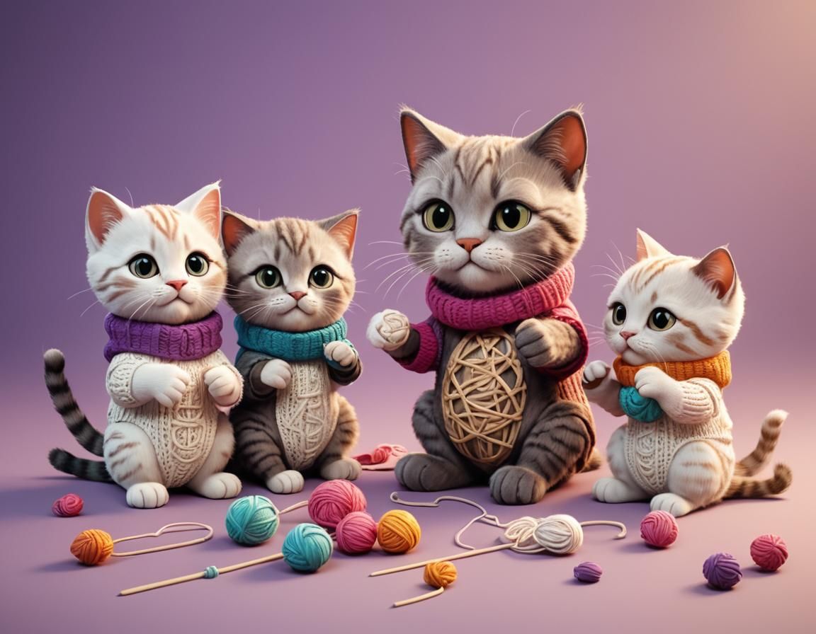 Cute Kittens Get Knitted Mittens: 3D Digital Art