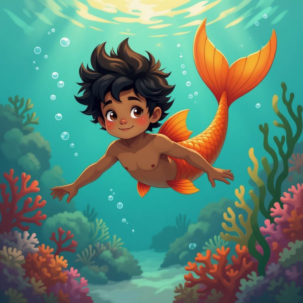 Vibrant Merboy Swimming Among Coral: Illustrative Digital Ar...