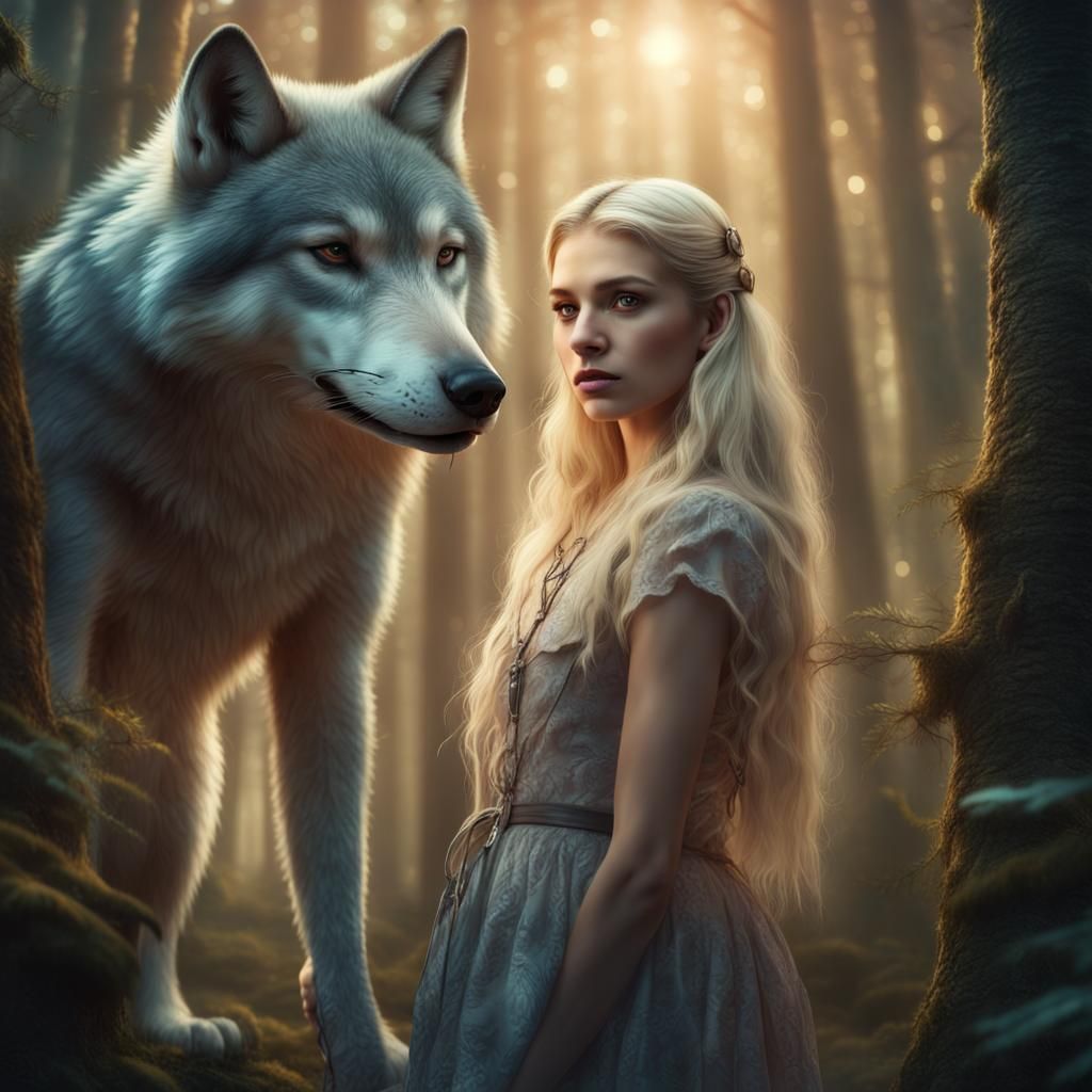 Blonde Girl and Wolf in Enchanted Forest