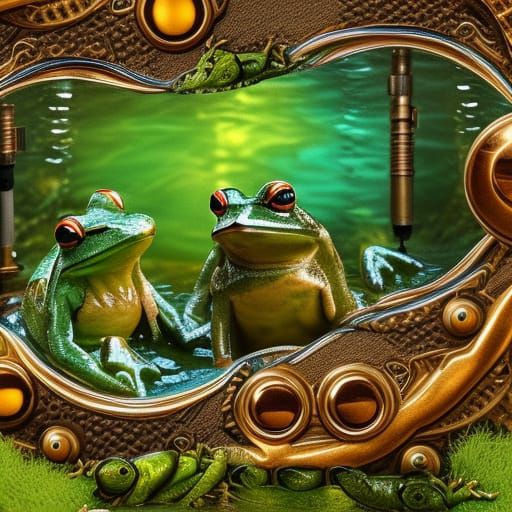 Ornate Frog Pond with Steampunk Engine in 8K