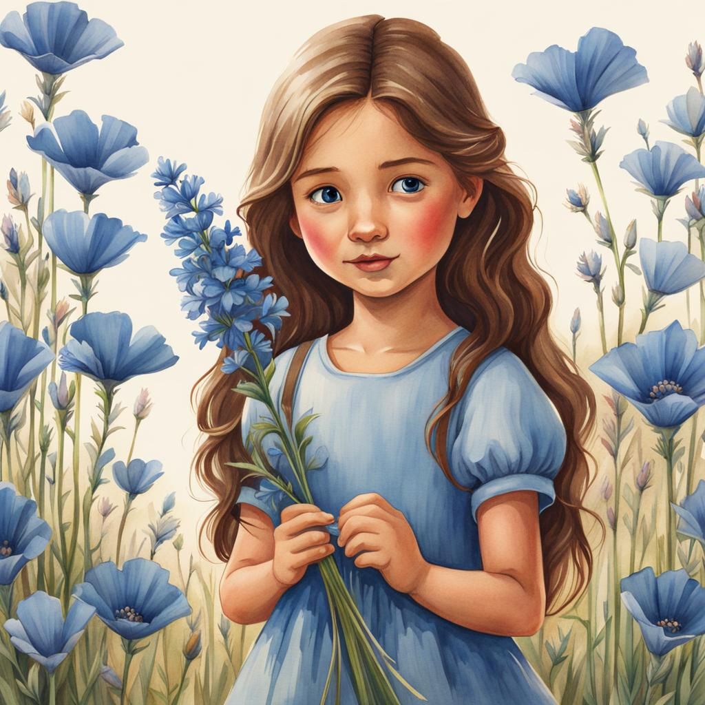 Girl with Flax Flower in Watercolor Cartoon Style