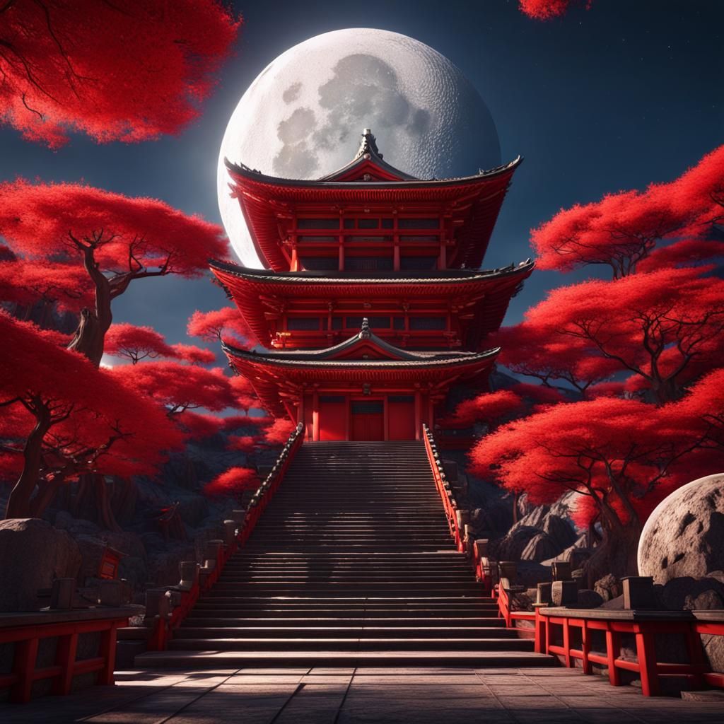 Red Japanese Temple with Giant Moon