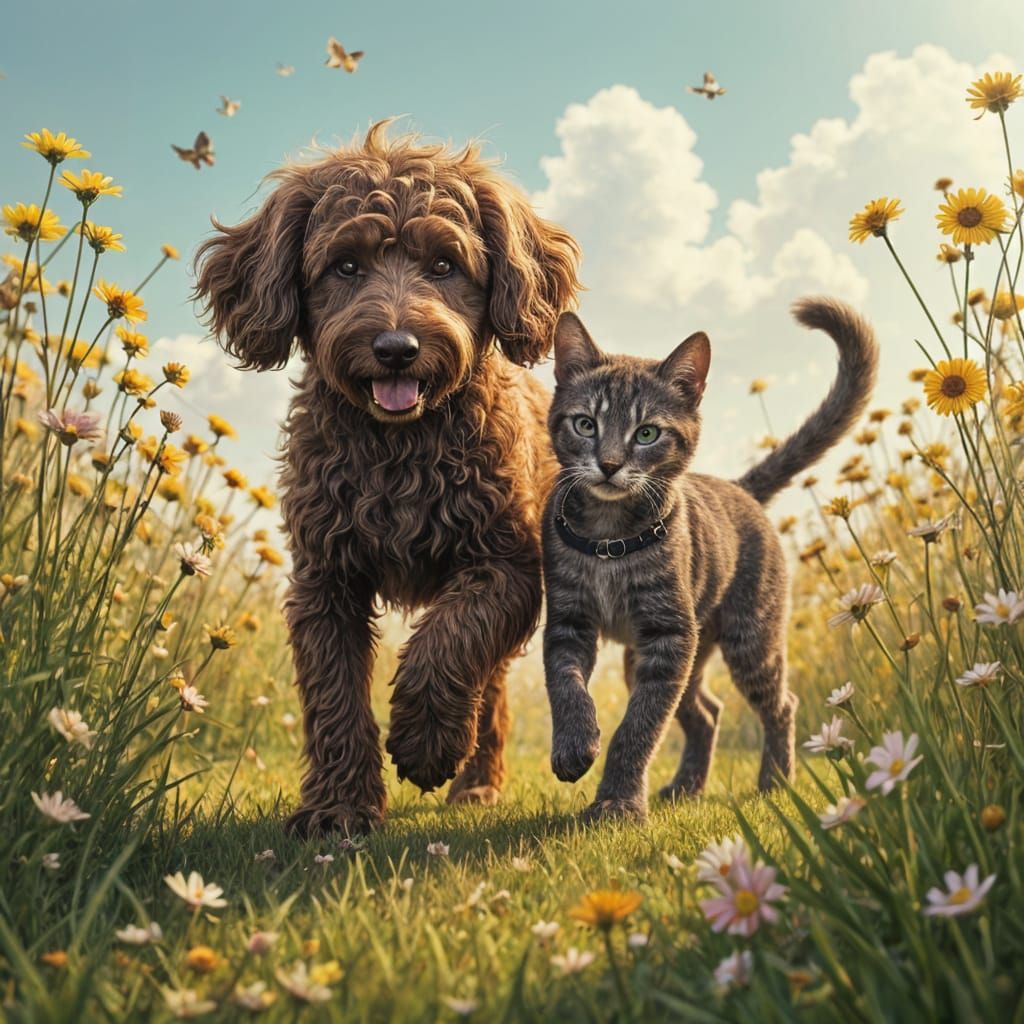 Poodle and Tabby Play in Wildflower Meadow