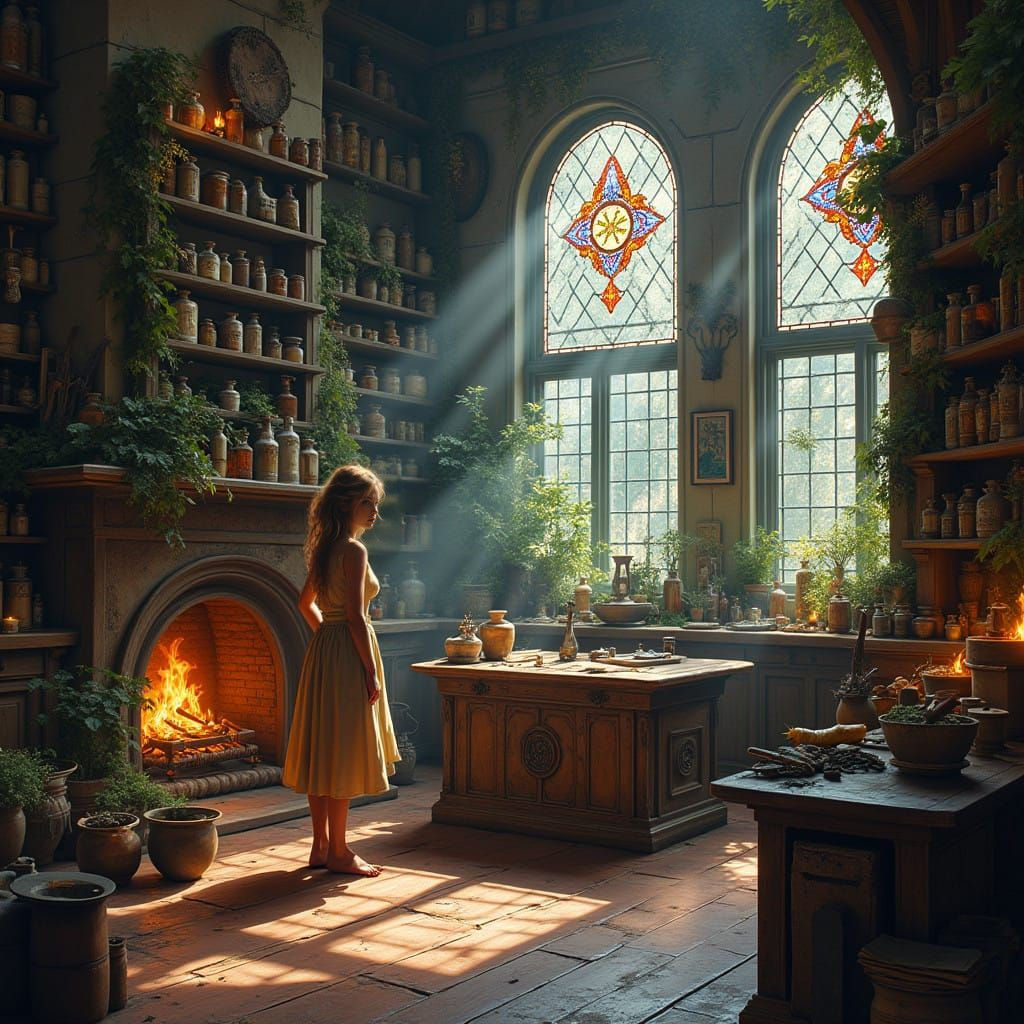 Mystical Apothecary in Stained Glass Light