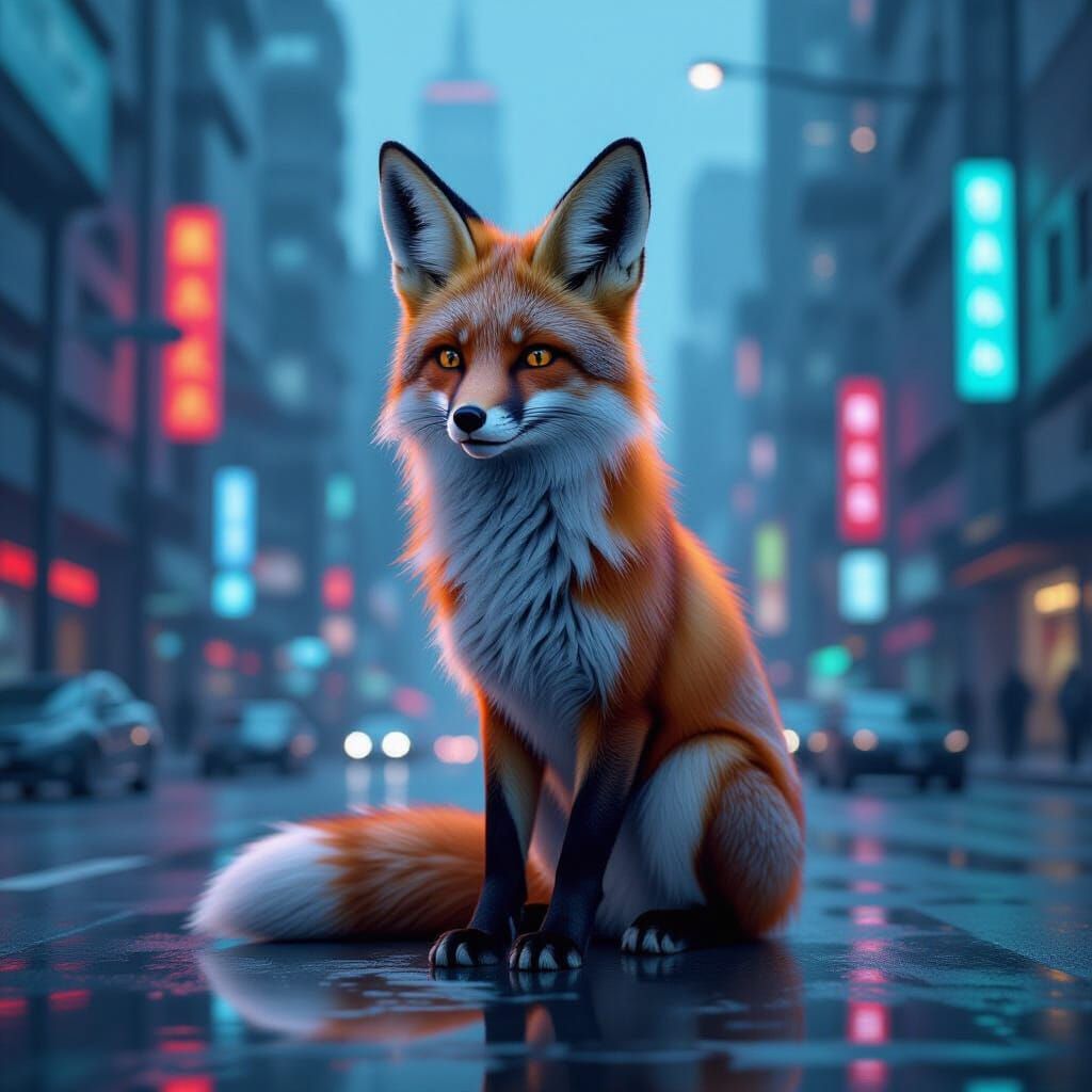 Cyberpunk Fox in Hyperdimensional Cityscape