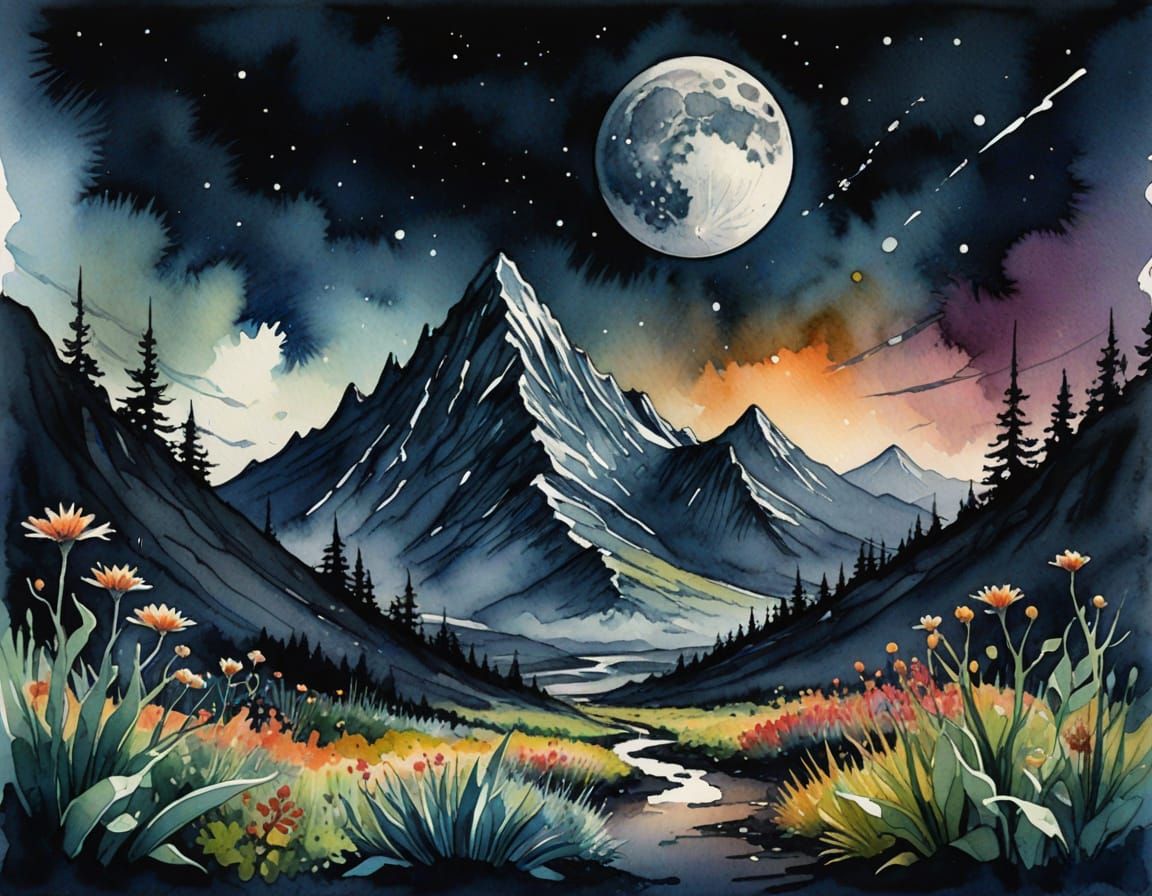 Tall Alien Mountain Under Dark Skies on a Moonlit World