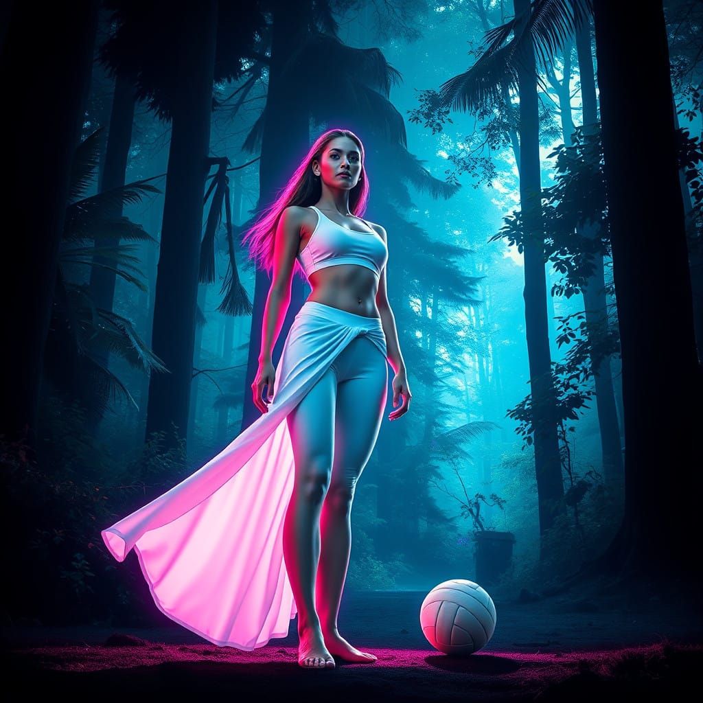 Neon Goddess Amidst Tranquil Forest