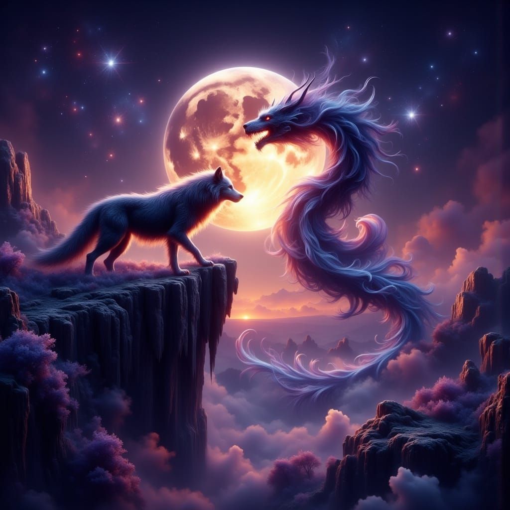 Wolf and Dragon Under Starry Night Sky in Dark Fantasy Art