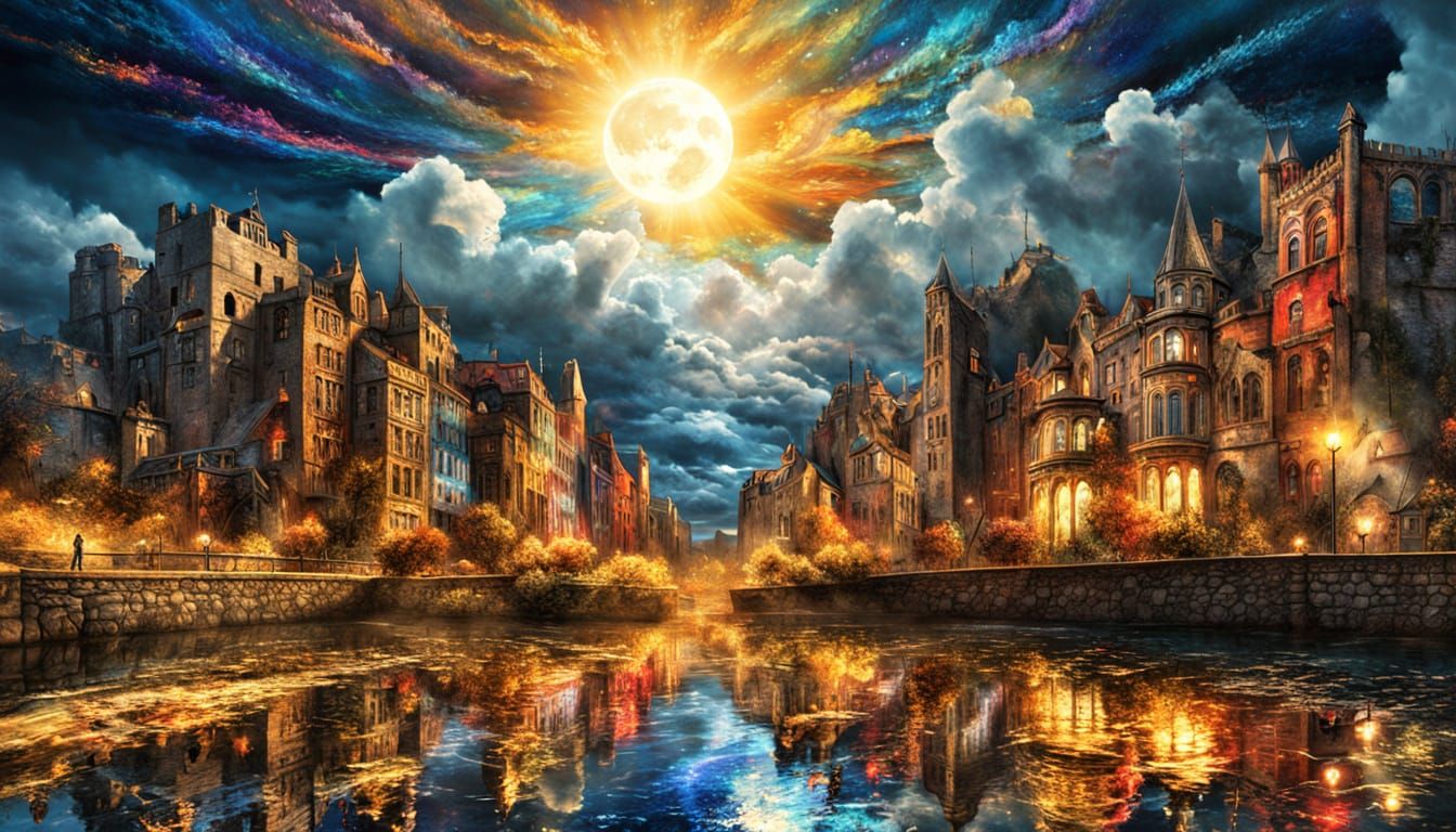 Vivid Cityscape at Night in Surreal Style