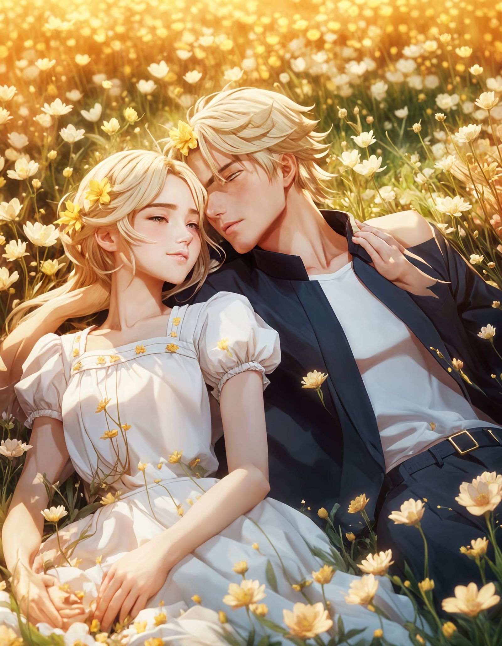 Romantic Anime Couple in Flower Field, 3D Art