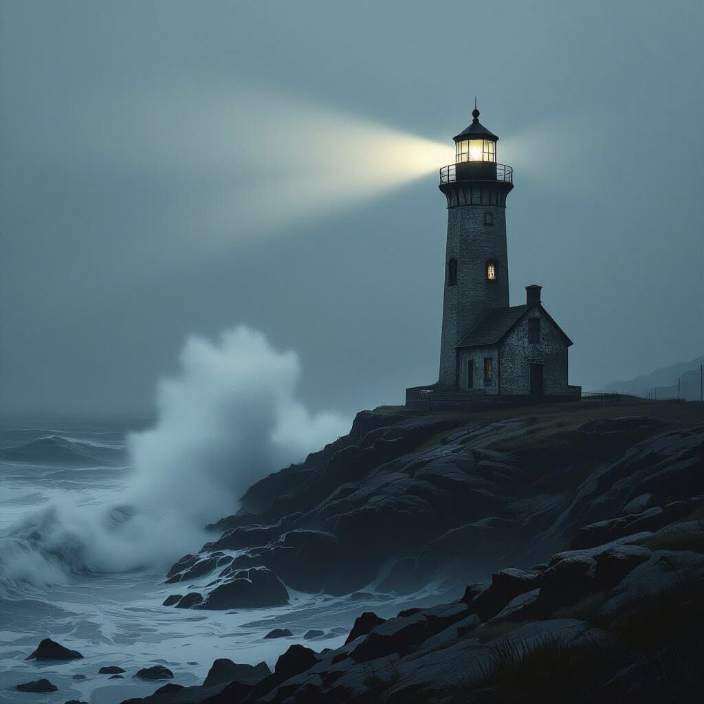 Weathered Lighthouse in Foggy Night, Hyperdetailed Style