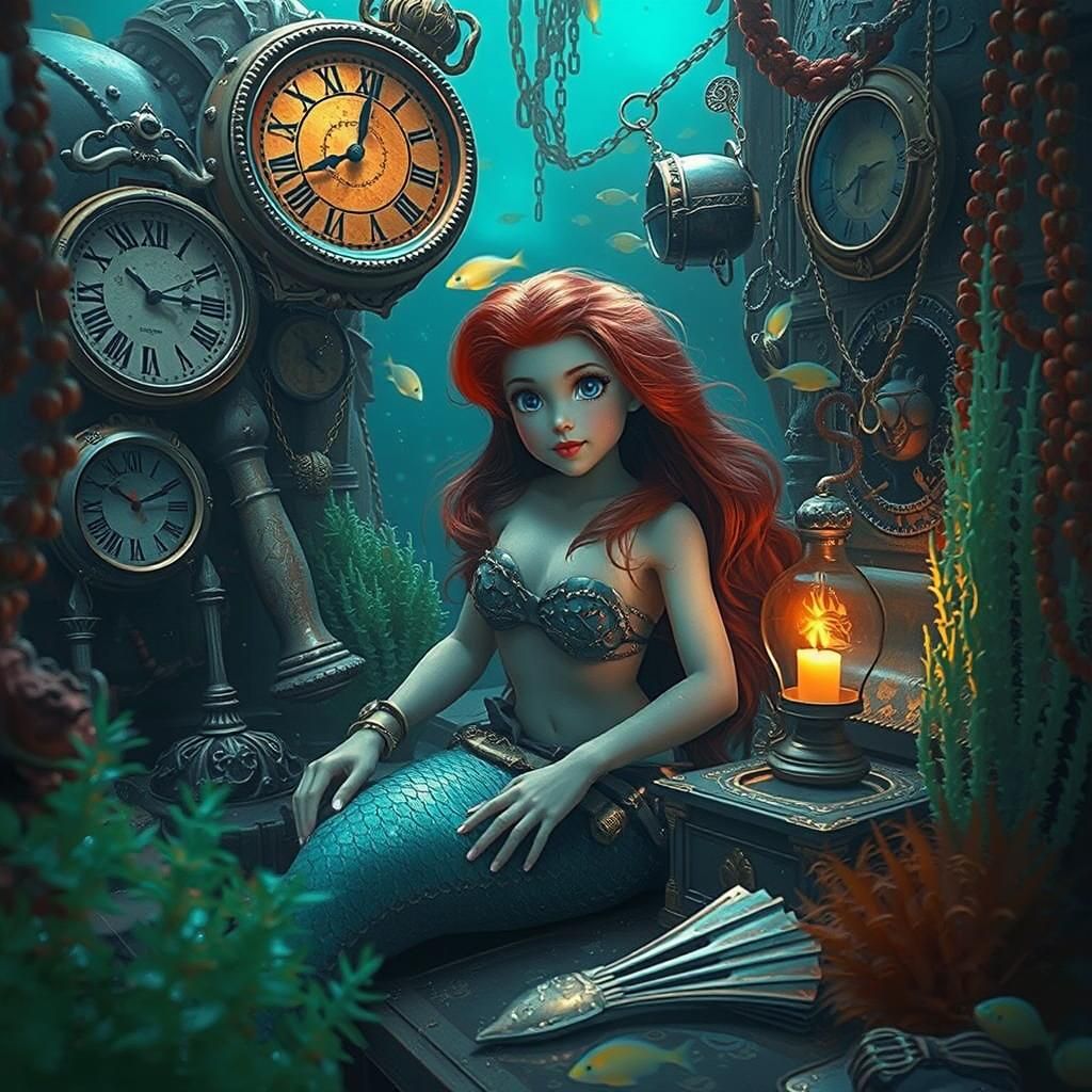 Ariel Amidst Sunken Treasures in Digital Hyperrealism
