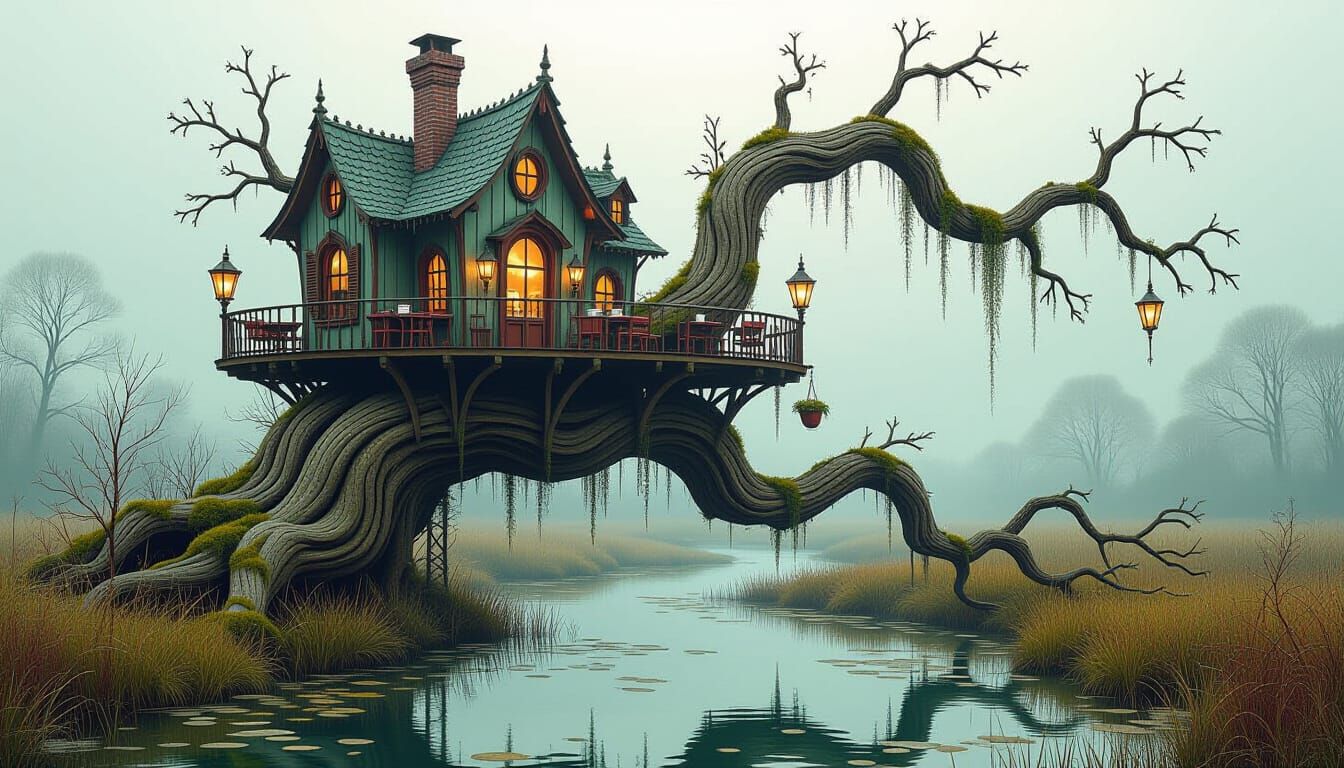 Surreal Cafe on Gnarled Tree Branch in Mystical Marsh