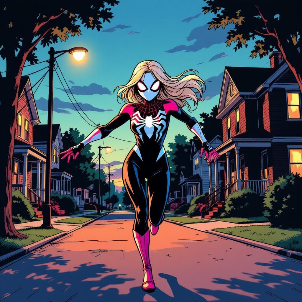 Ghost-Spider in Party Outfit Running Through Queens Suburb