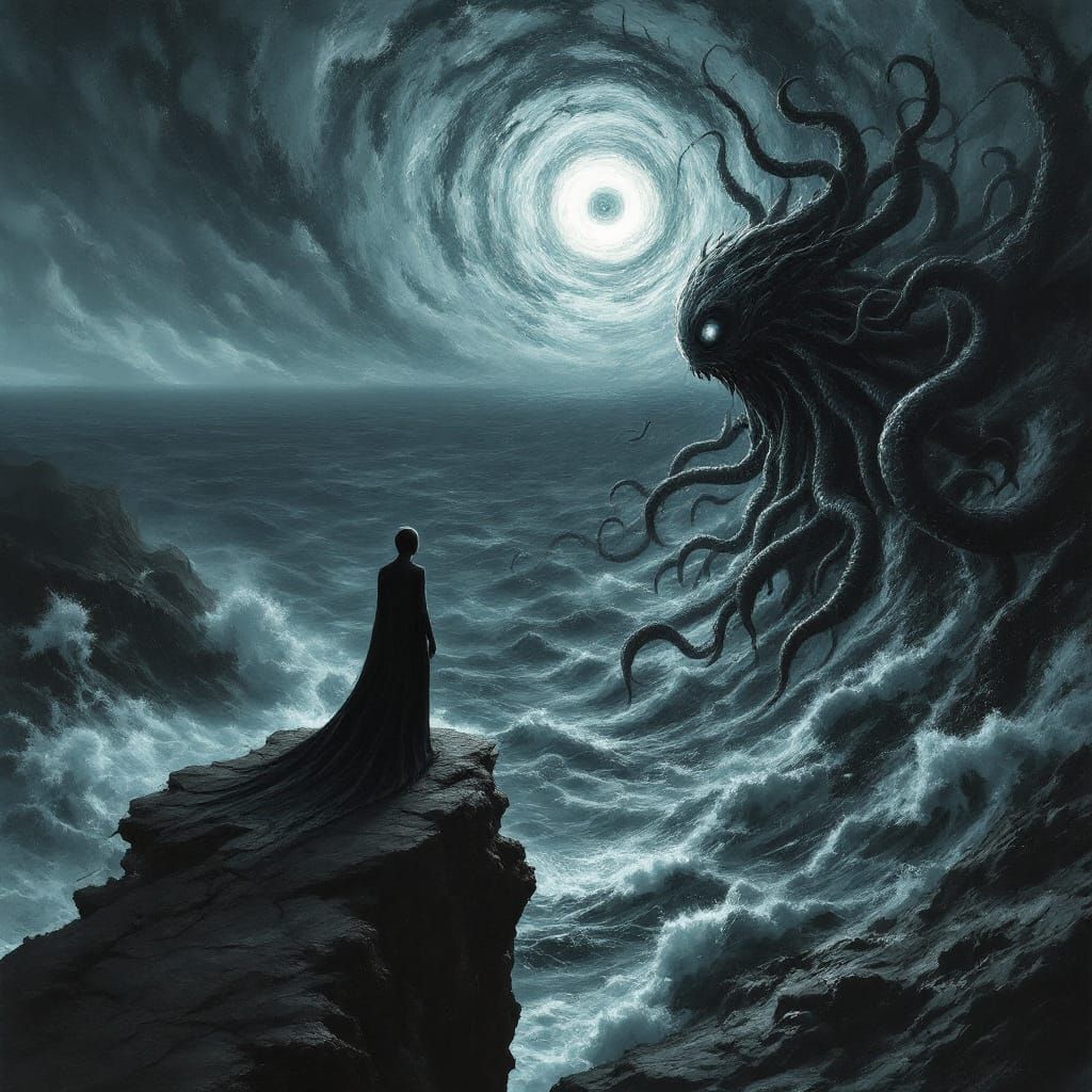 A lone figure with elongated limbs and swirling eyes stands on a precipice overlooking a vast, dark sea. Tentacled creat...