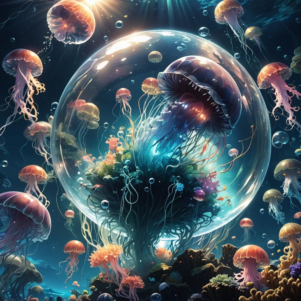 Surreal Anime Scene: World Inside Underwater Bubble