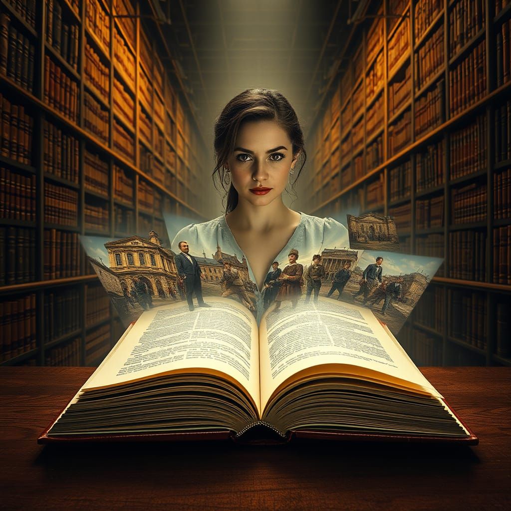 Surreal Library Scene with Floating Historical Scenes in Pho...