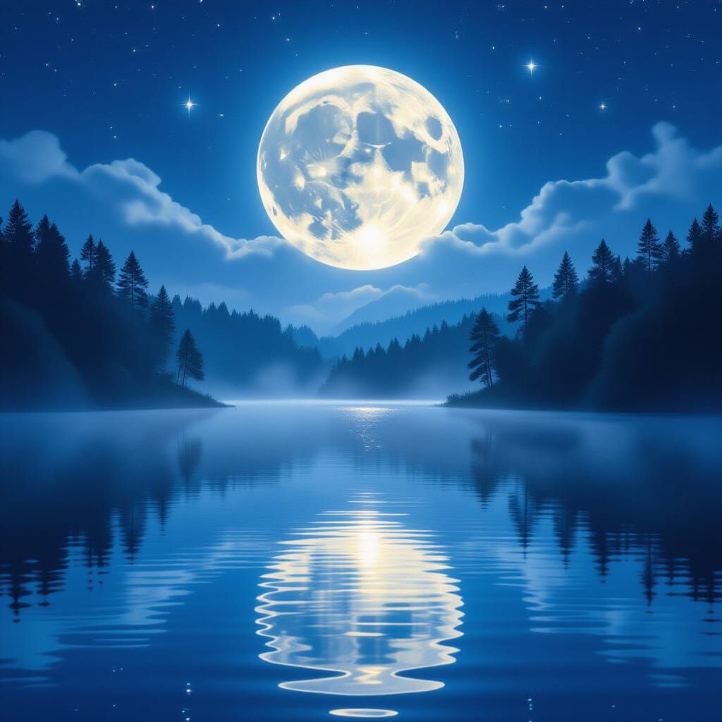 Full Moon Over Misty Lake in Cosmic Forest Style