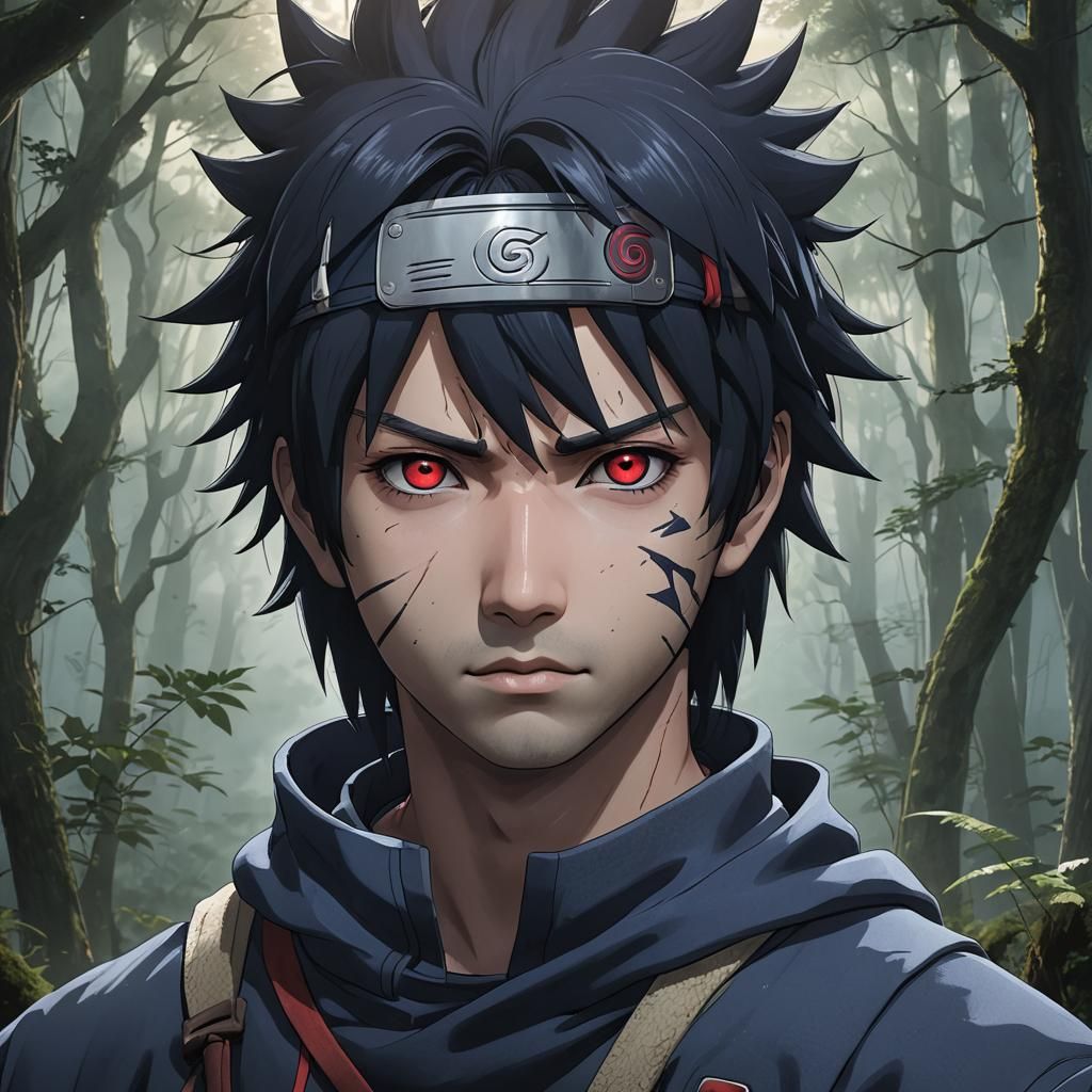 Sasuke in Misty Forest: Hyper-Realistic Anime Close-Up