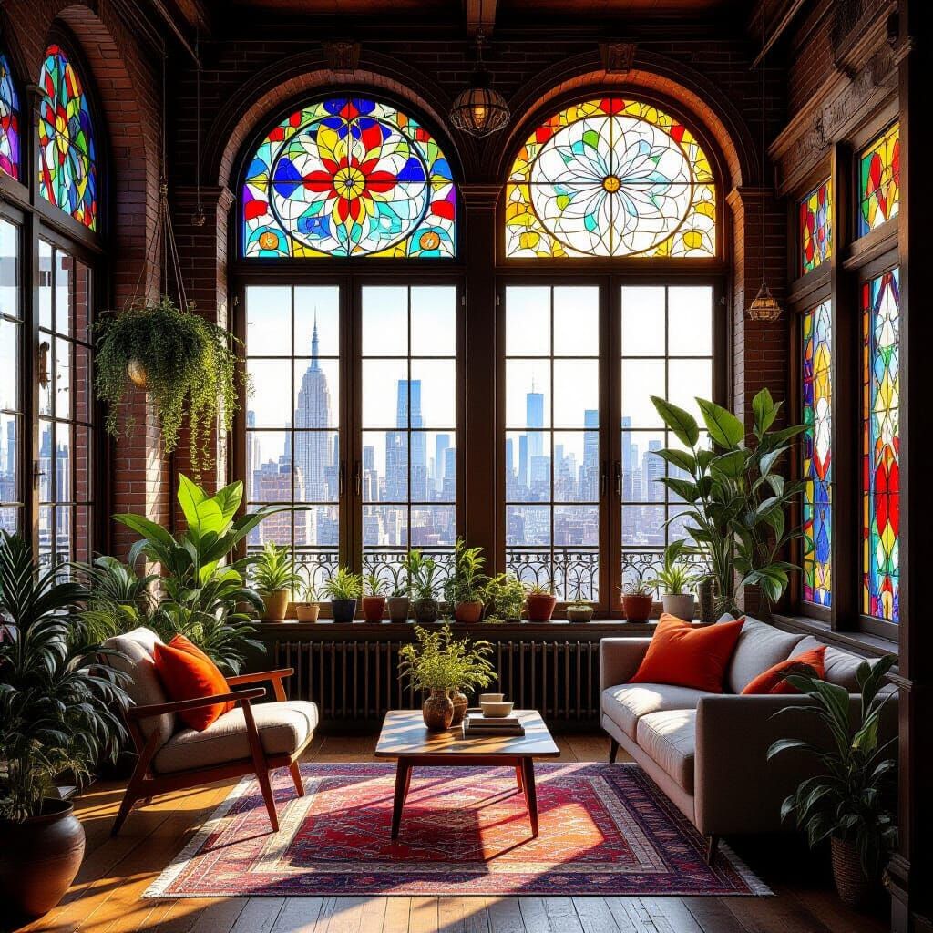 Boho NYC Loft Apartment with Stained Glass and Plants