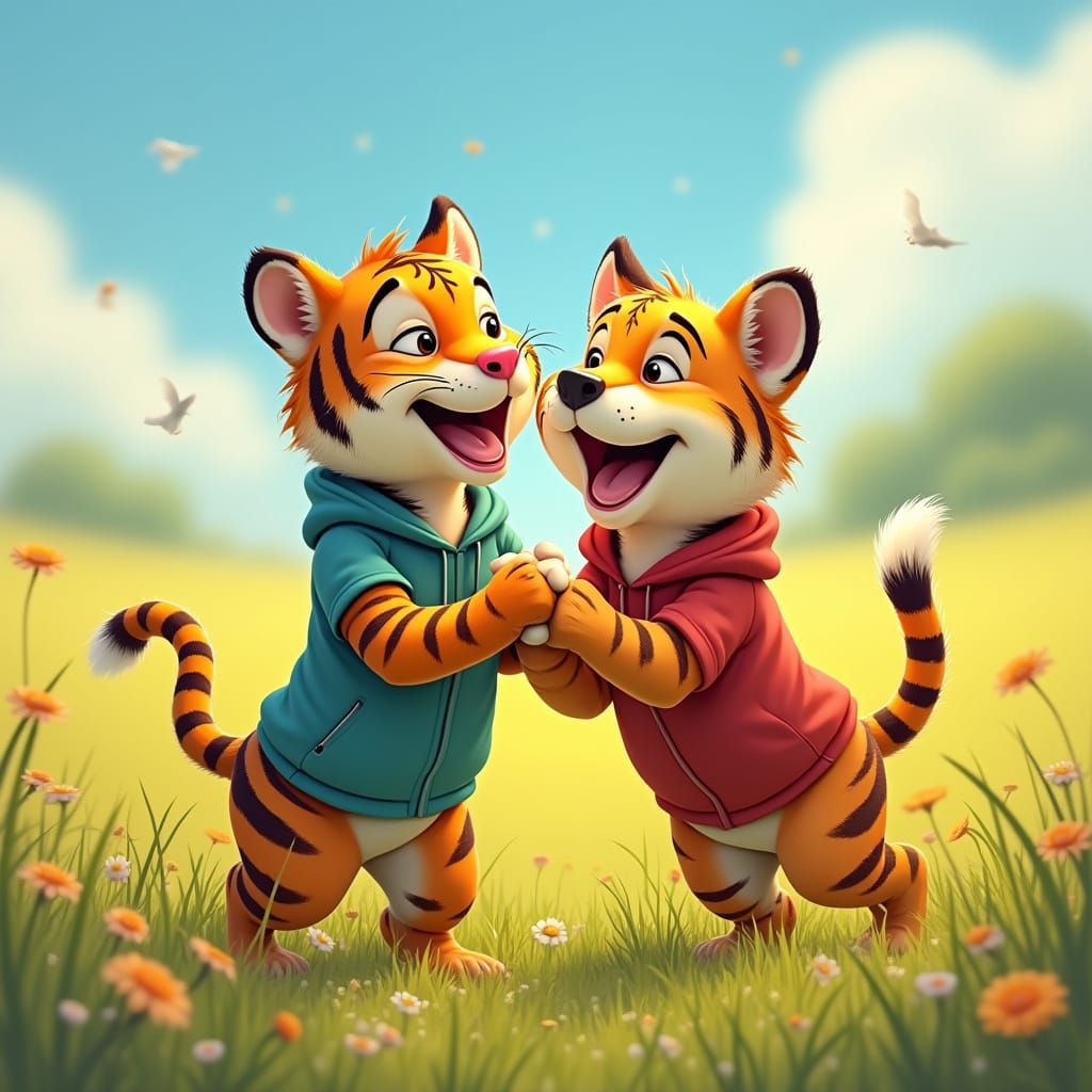 Tiger and Dog Play in Sunny Meadow: Pixar Style