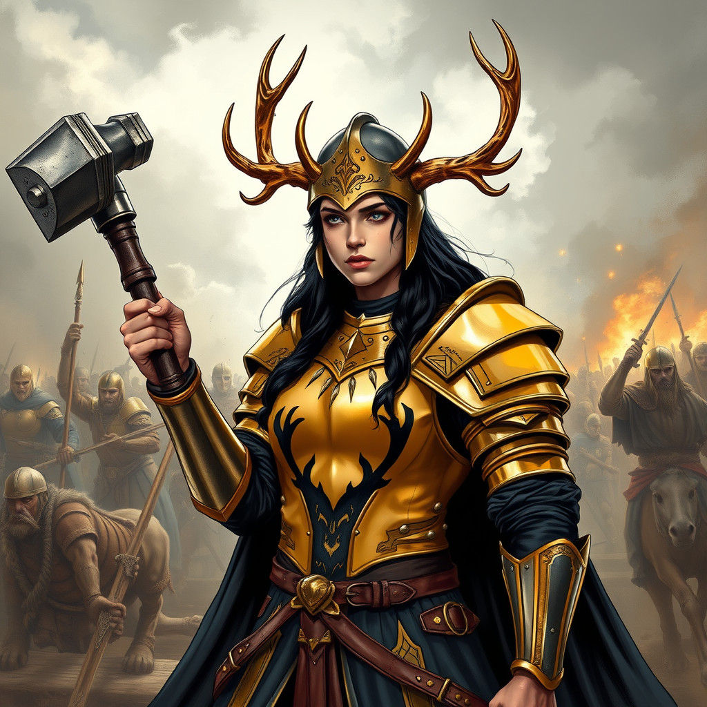 Victorious Armored Princess with Warhammer, Comic Book Art