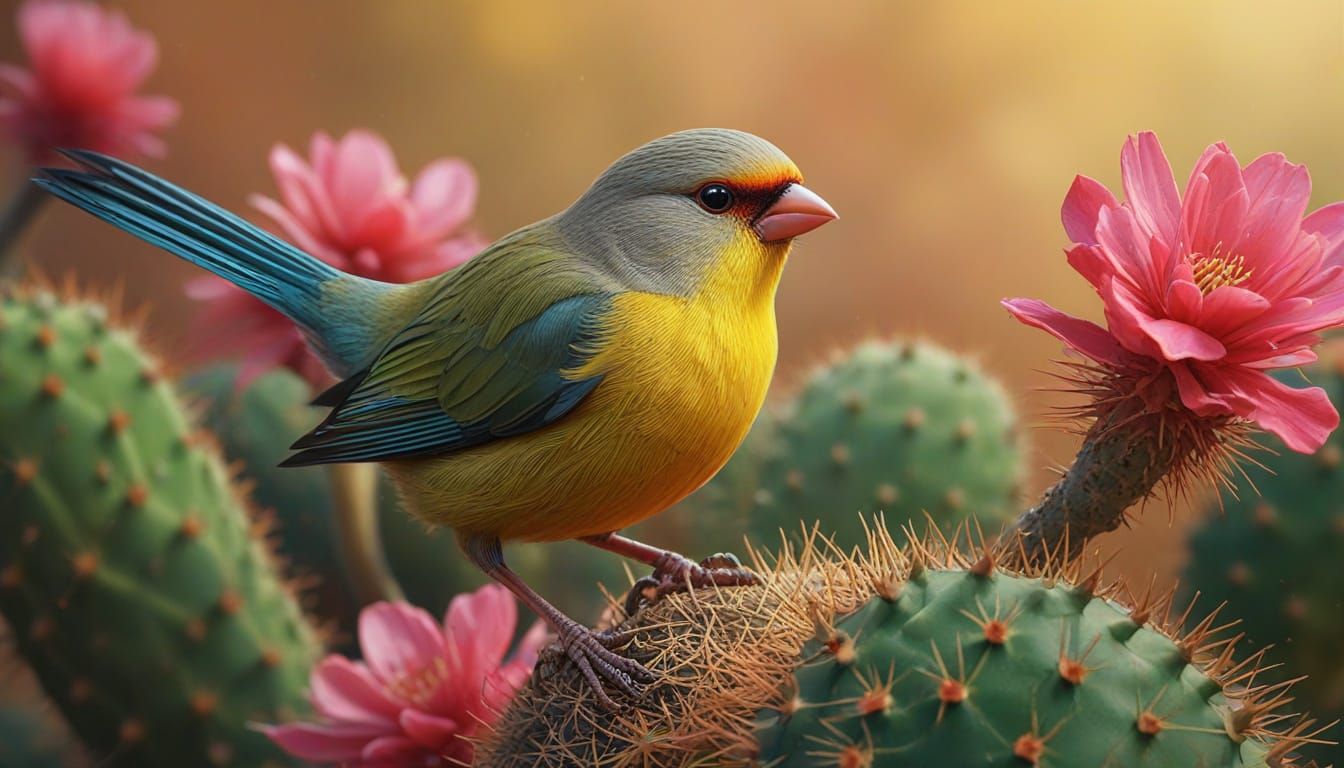 Yellow-Bellied Waxbill on Cactus: Hyperrealistic Splash Art