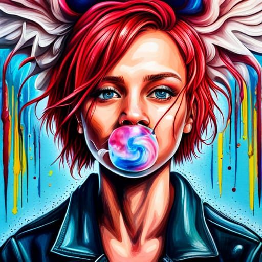 Cyberpunk Girl with Wings and Bubblegum, Graffiti Art