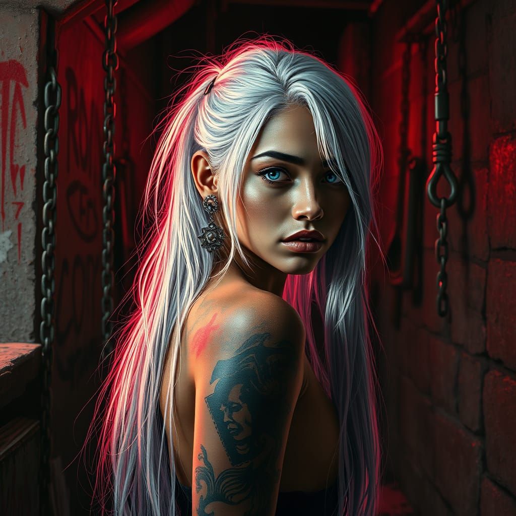 Girl in Crimson Dungeon with Chains and Graffiti