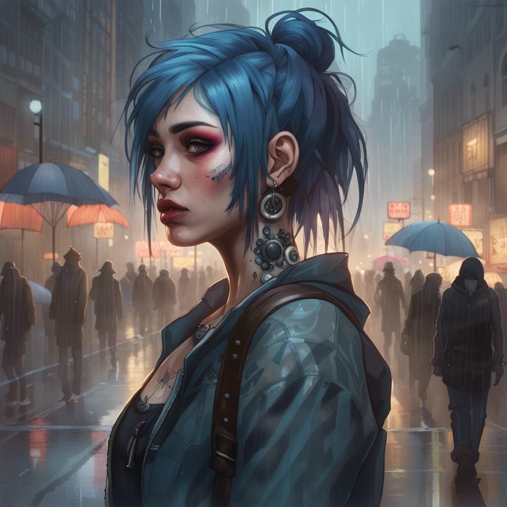 Emo Girl Walking in Rainy City, Digital Portrait