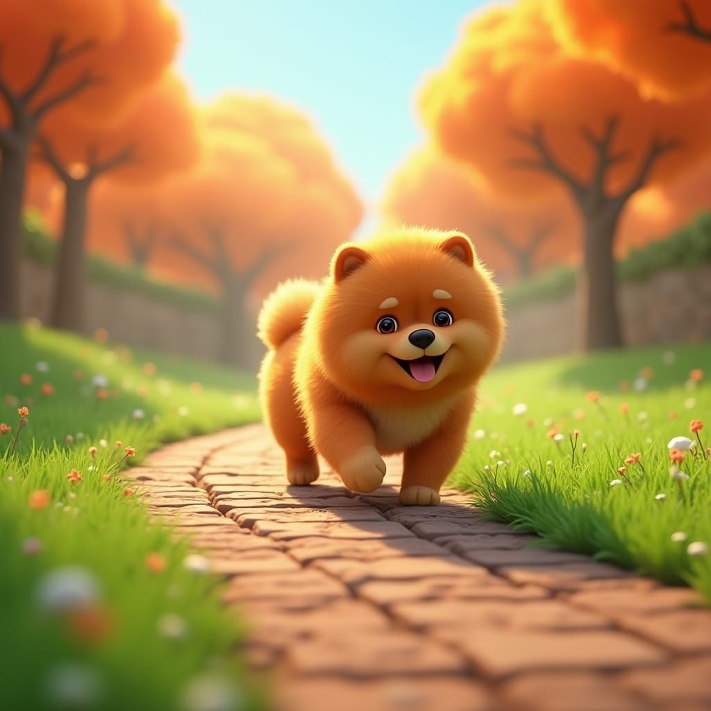 Chow Chow Puppy on Green Lawn in 3D Style