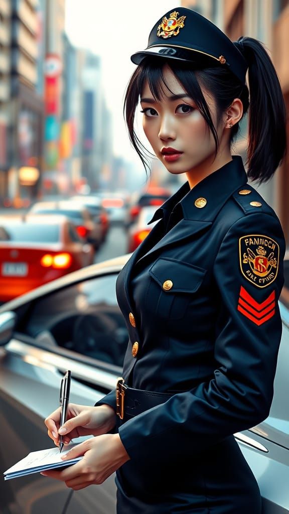 "A young Japanese policewoman in uniform stands next to a car, writing a ticket. She has a focused expression and holds ...
