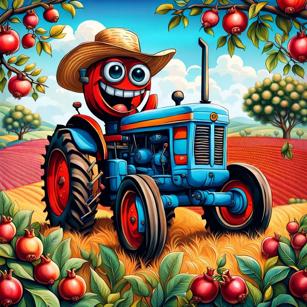 Happy Cartoon Tractor in Pomegranate Field