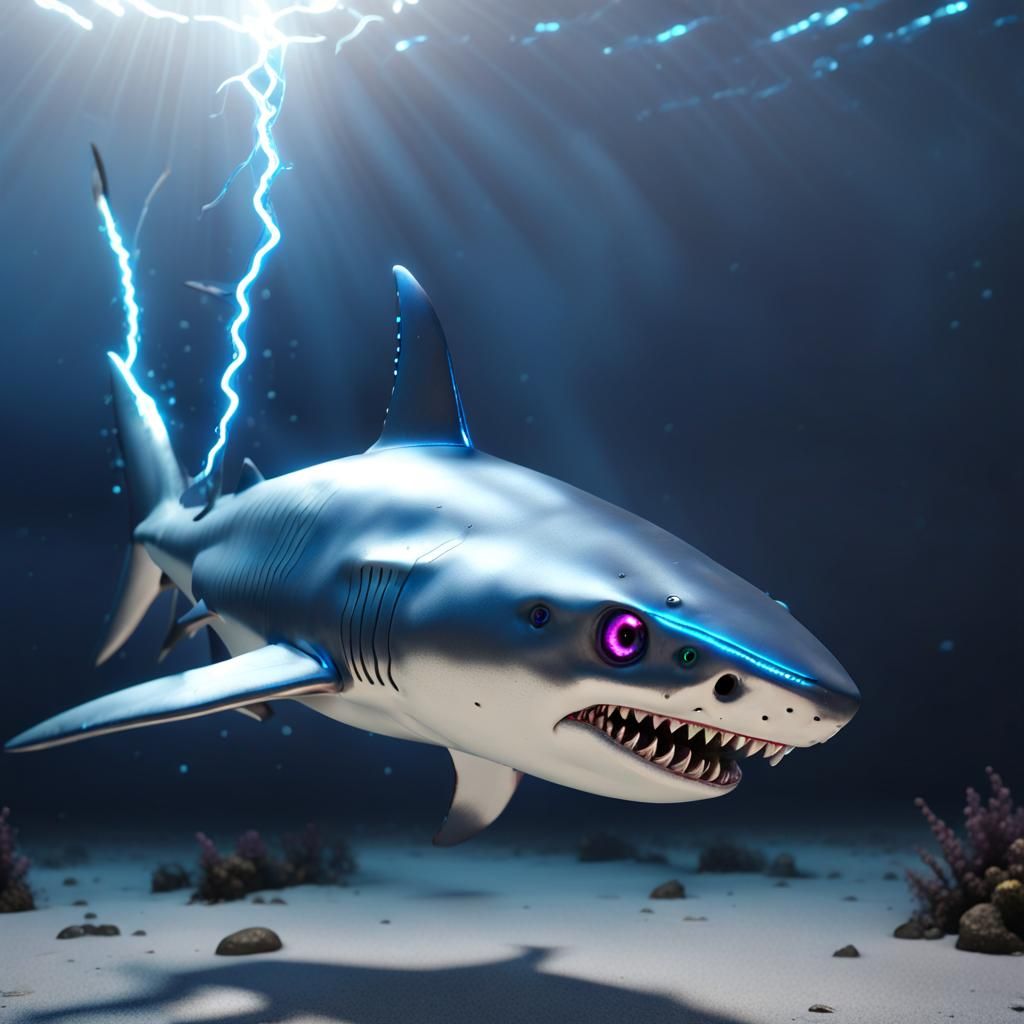 hammer head shark made of titanium steal with rubber stitches and Rube eyes,ultra real,realistic,flying out of water, sp...