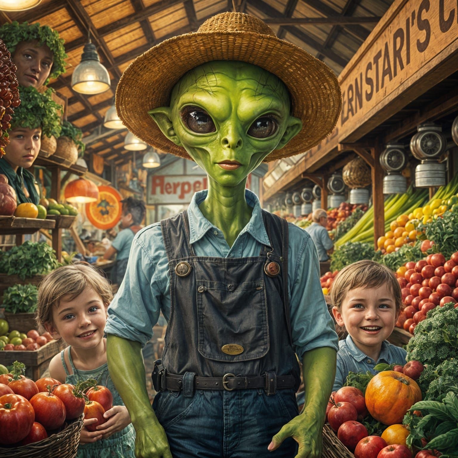 Alien Farmer Portrait with Children in Pin-Up Style