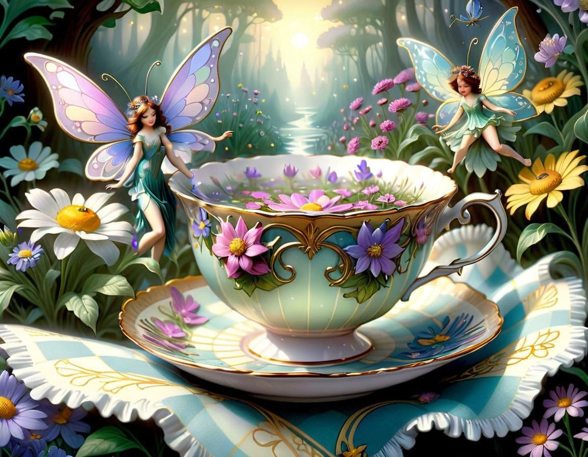 Whimsical Teacup Scene in Art Nouveau Style